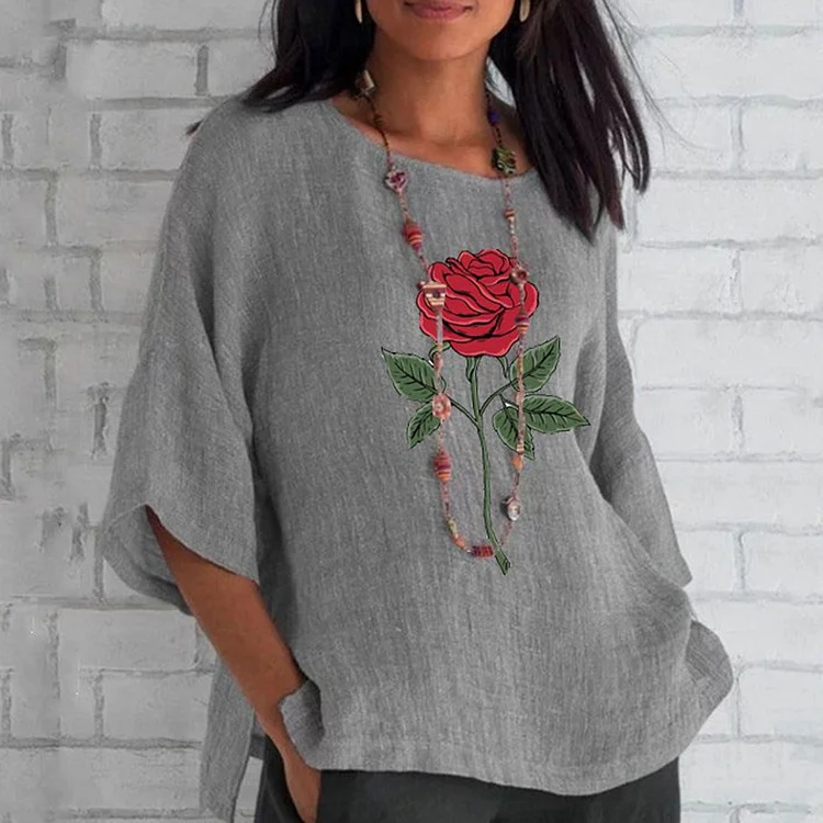 Casual 3/4 Sleeve Crew Neck Rose Print T-Shirt