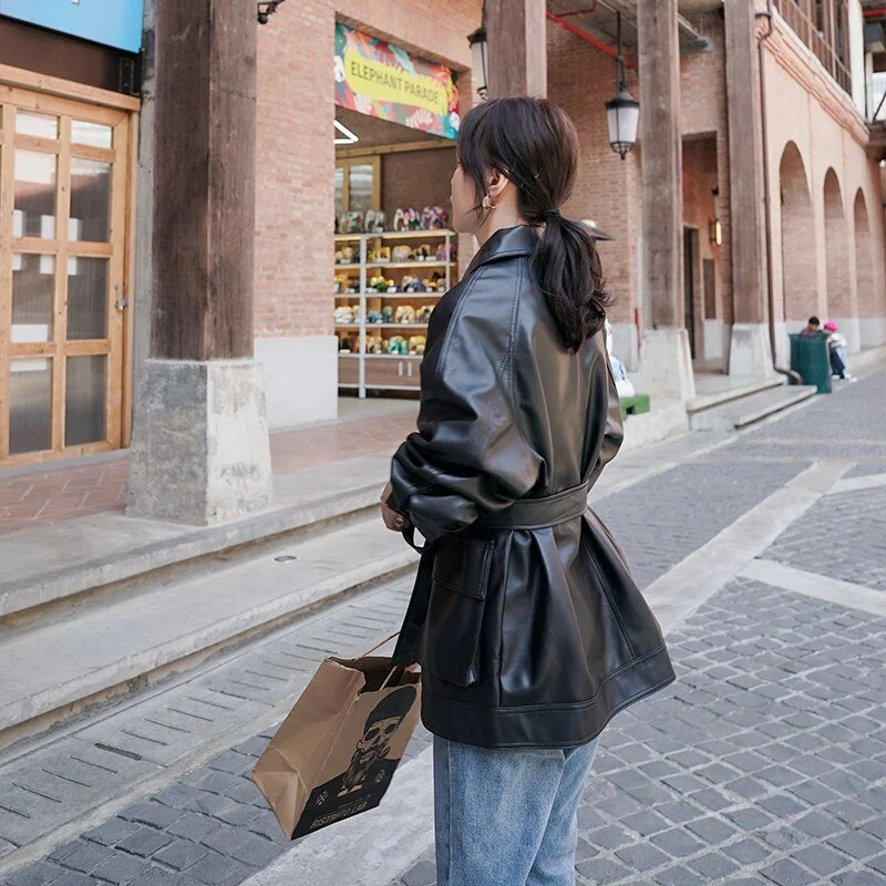 FTLZZ New Autumn Women Loose Black Pu Faux Soft Leather Jacket Streetwear Female Biker Pockets Turn Down Collar Coat Outwear