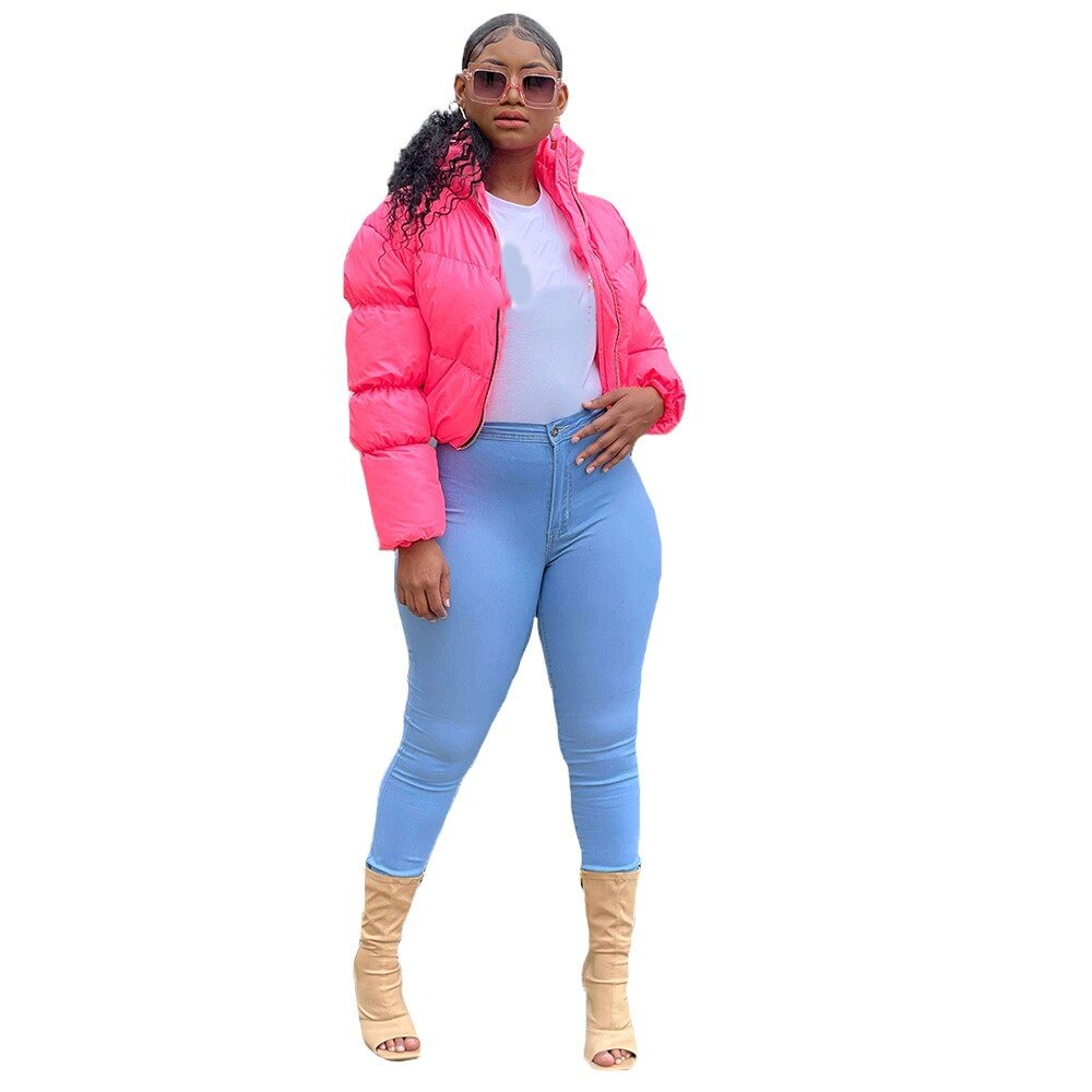 Women Winter Parka Coat Casual Neon Color Long Sleeve Zippers Warm Thick Down Coat Cropped Puffer Jacket Outwear Bubble Coats