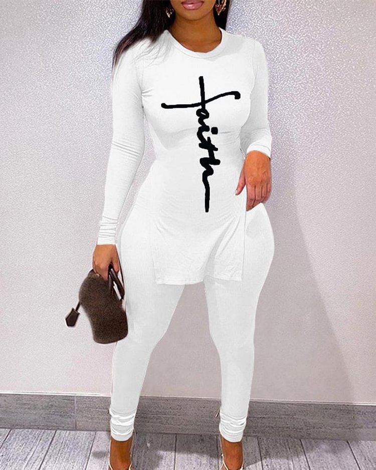 Letter Print Split Hem Bodycon Top & Pants Set - Shop Trendy Women's Clothing | LoverChic