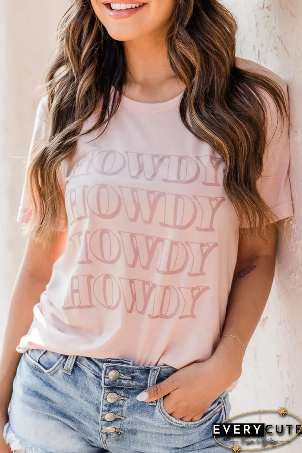 Pink HOWDY Letter Graphic Short Sleeve T Shirt