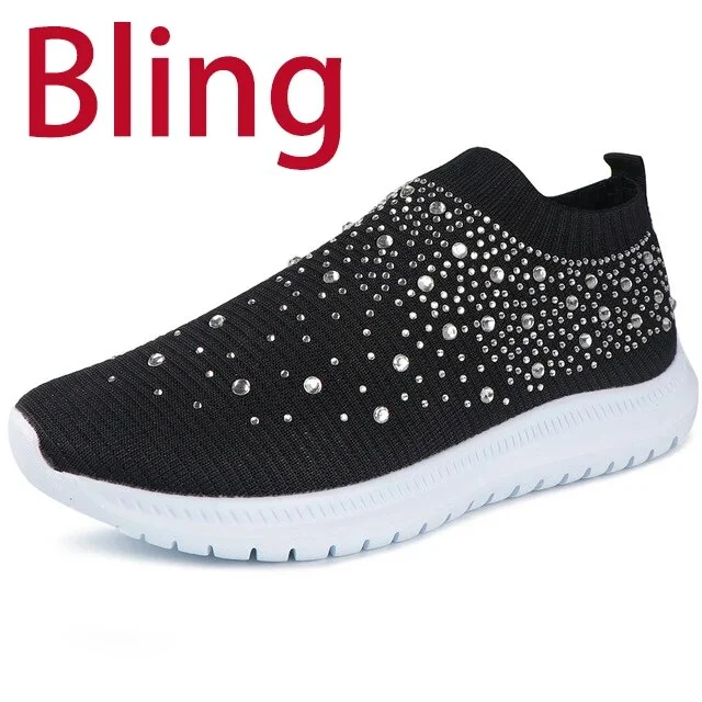 Applyw Snekaers Women Crystal Fashion Flats Shoes Bling Casual Slip On Sock Sneakers Ladies Trainers Summer Women Vulcanize Shoes