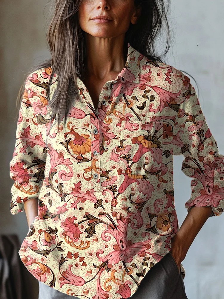 Women's   Floral  Art Print Casual Cotton And Linen Shirt
