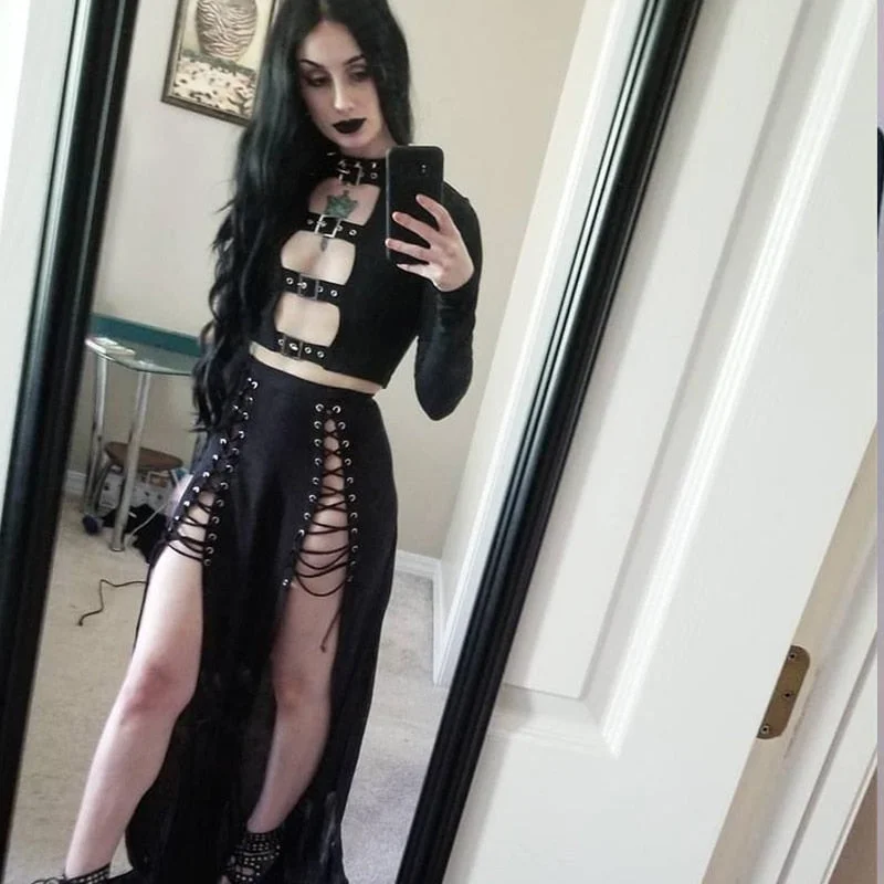 InsGoth Sexy Women Crop Tops Hollow Out Buckle Long Sleeve Female Bodycon Tops Gothic Punk Black Tops Streetwear Party Lady Tee