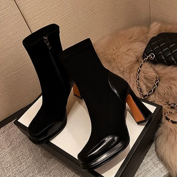 Breakj Breakj Short-Skin Women Splicing 2025 Autumn And Winter Retro Martin Boots Coarse And Waterproof Table Not Tired Of Elastic Thin Boots