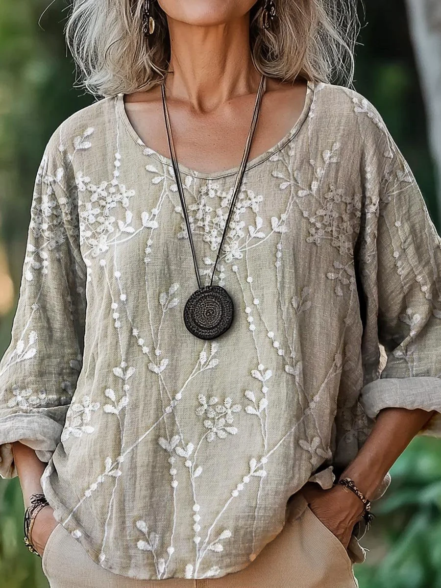 Women's Vintage Ethnic Floral Art Print Casual Cotton And Linen Shirt