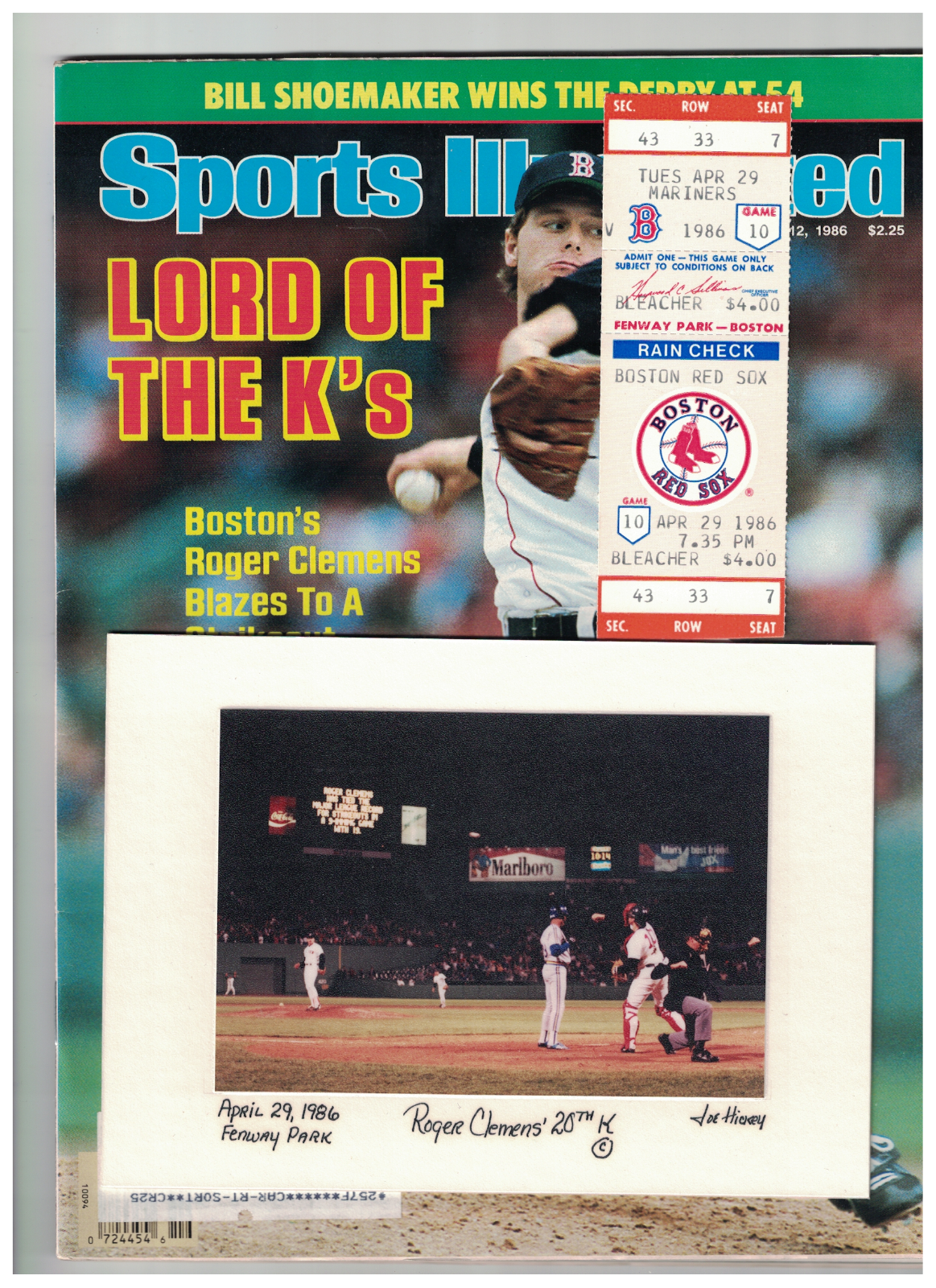 Roger Clemens Boston Red Sox 4/29/86 20 K Game Ticket & Photo Poster painting & SI Mag D