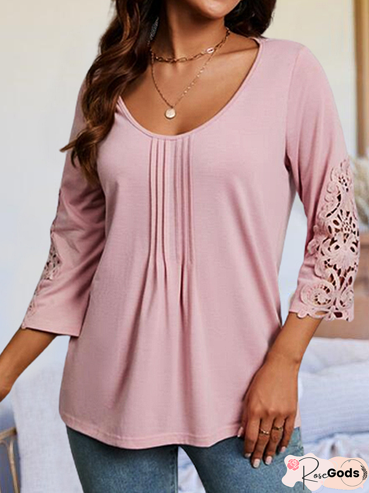 Solid Lace Round Neck 3/4 Sleeves Casual Blouses