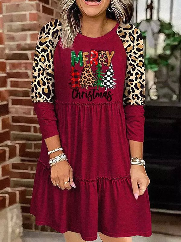 Merry Christmas Leopard Plaid Tree Ruffle Dress