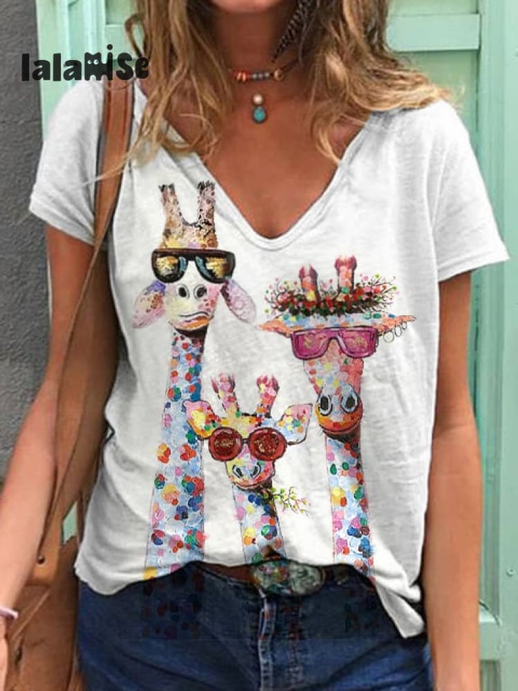 Women’s Oil Painting Giraffe V - Neck Casual T - Shirt White / S