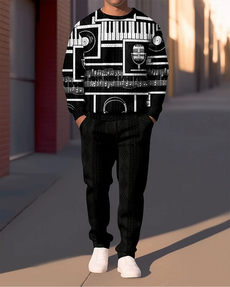Men's Simple Black And White Music Print Round Neck Sweatshirt Two-piece Set