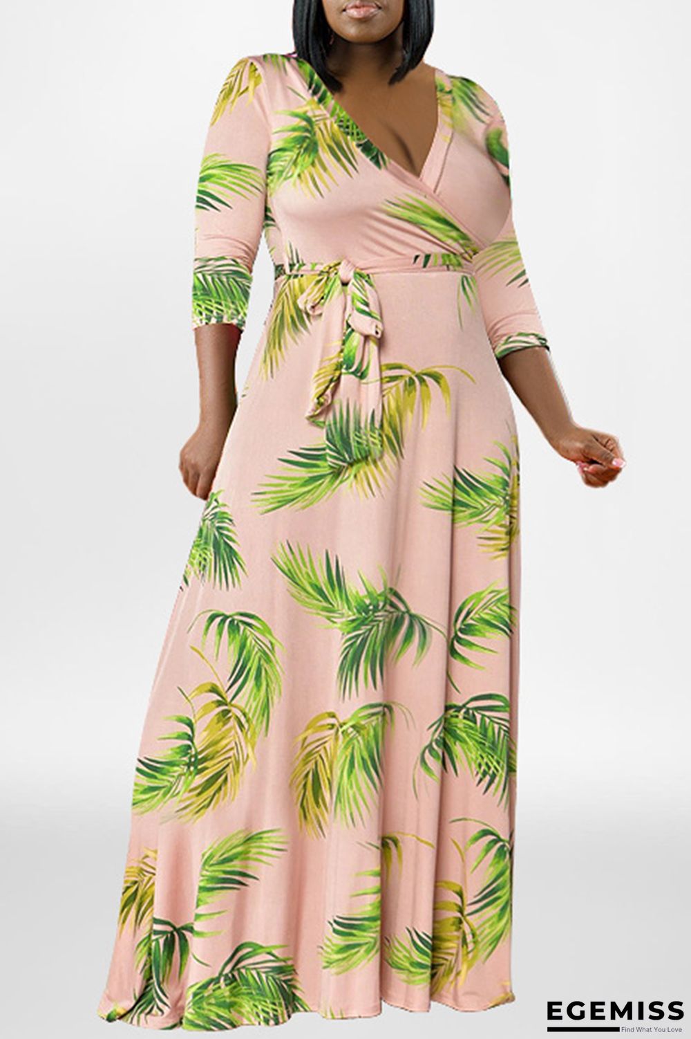 Pink Fashion Casual Plus Size Print Patchwork V Neck Long Dress | EGEMISS