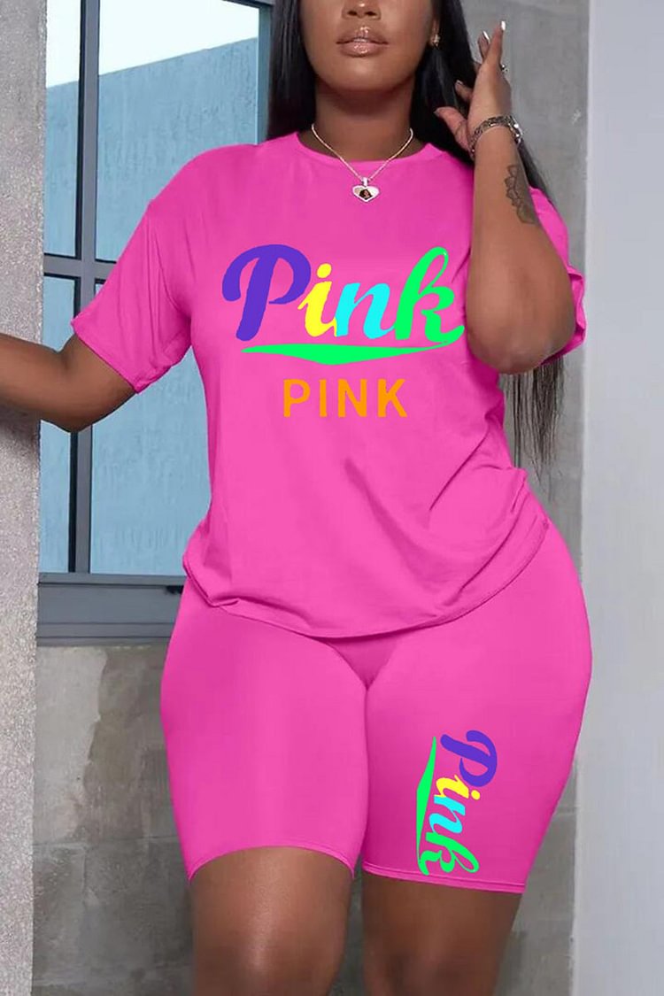 Plus Size Basic Letter Print Two Pieces Cycling Shorts Set