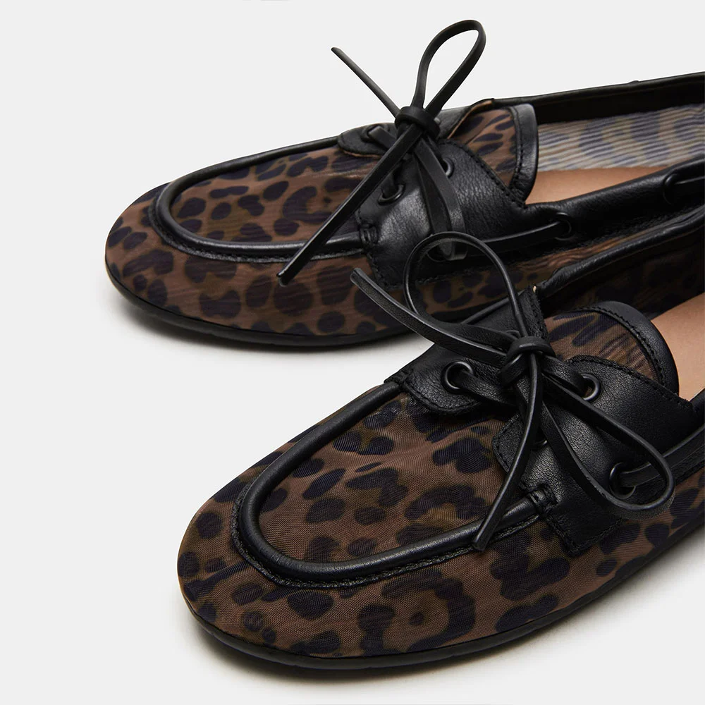 YDN Black Leopard Print Round Toe Lace-Up Flat Loafer Shoes Women