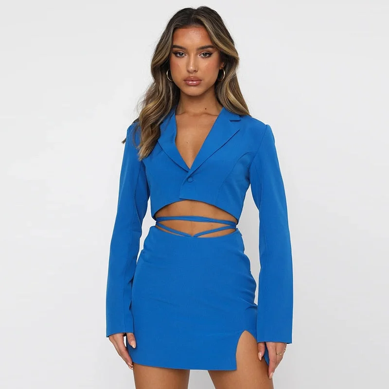 Articat Autumn Two Piece Dress Sets Womens Solid Office Ladies Outfits Notched Single Button Blazer Bandage Bodycon Skirts Suit