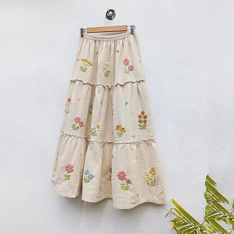 Women's Casual Floral Embroidered Linen Skirt