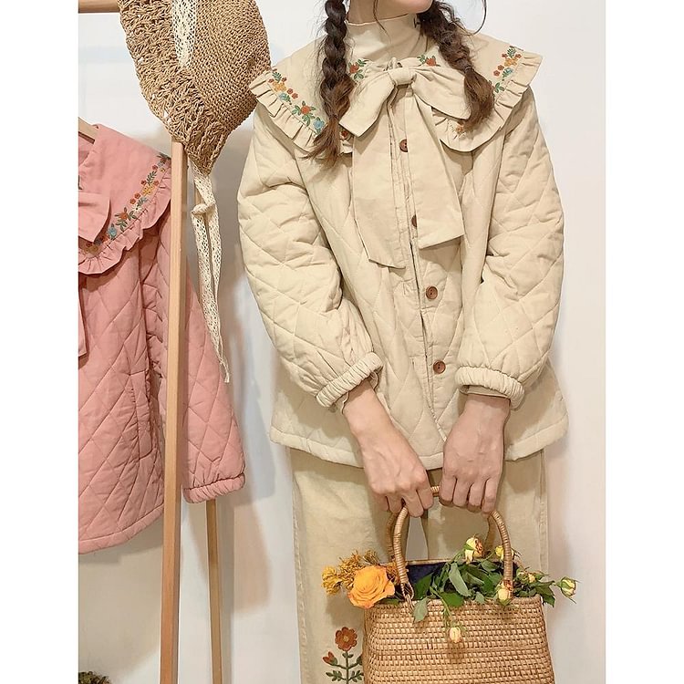 Queenfunky cottagecore style Cozycore Embroidered Bow Collar Quilted Jacket QueenFunky