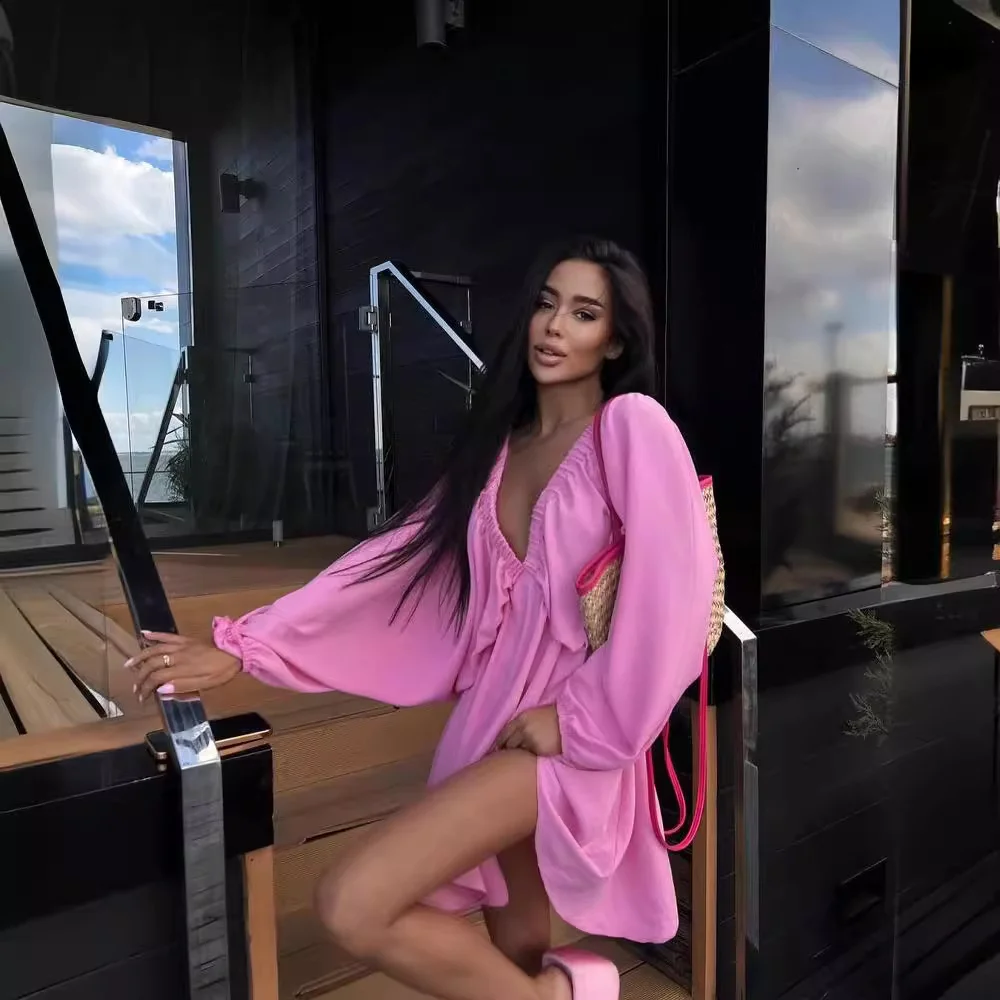 Nigikala Nigikala Autumn Women's Skirt Lantern Sleeve V Collar Sexy Temperament High-End French Retro Dress