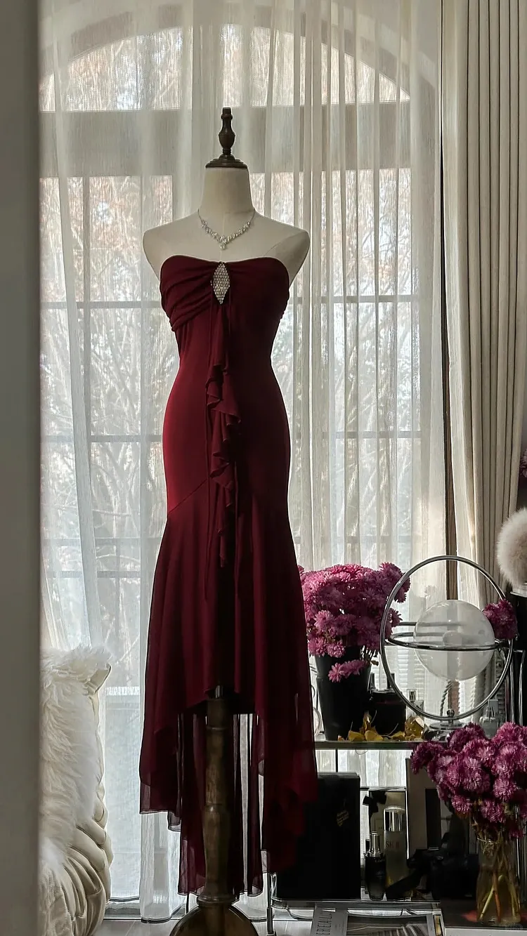 Burgundy Elegant Exquisite Rhinestone Long Chiffon Ball Gown Evening Gown Party Gown Birthday Gown Date Gown