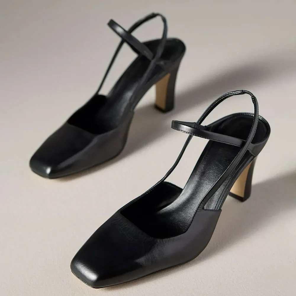 Elegant Square Toe Slingback Chunky High Heeled Black Pumps for Women