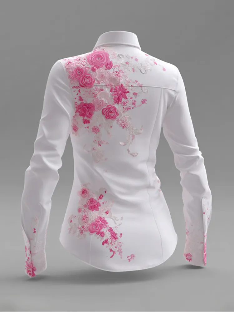 Women's Casual Breast Cancer Embroidered Floral Print Shirt artswardrobe