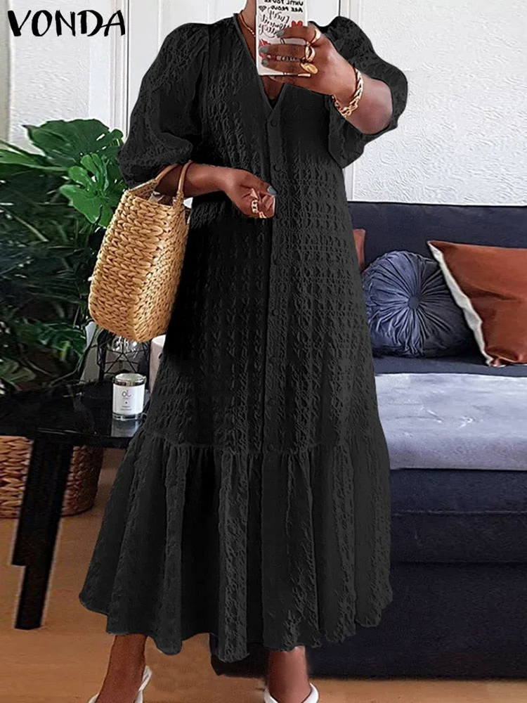 VONDA 2022 Summer Women Shirt Dress Sexy V Neck Button Half Sleeve Long Dresses Bohemian Vestidos Plus Size 5XL Elegant Robes