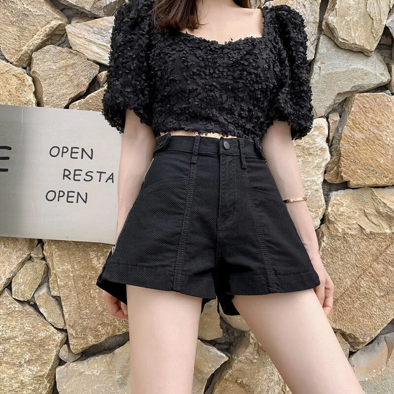 FTLZZ New Summer Women Streetwear Wide Leg Zipper Black Denim Shorts Casual Female Vintage Solid Color Pocket Jeans Shorts