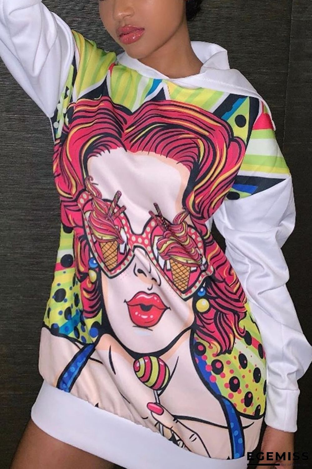 White Casual Digital Positioning Printing Cartoon Hooded Dress | EGEMISS