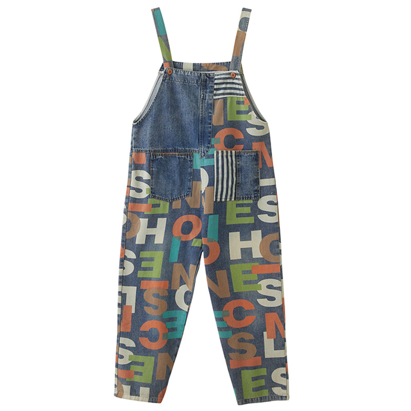 Casual Printed Denim Suspender Jumpsuit