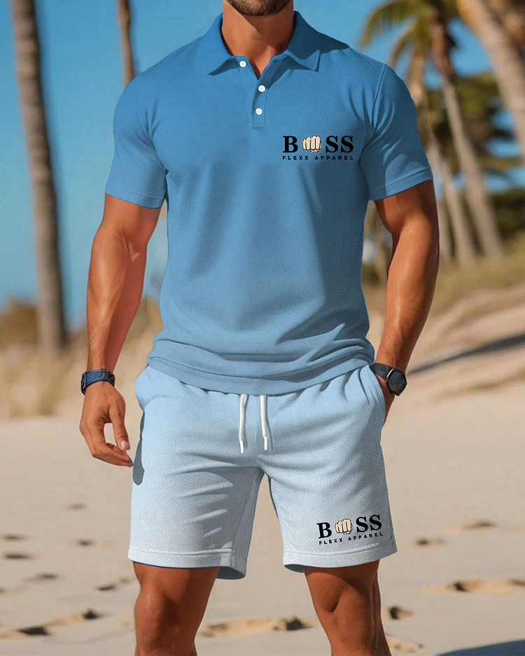 Refreshing Blues BOSS Style POLO Shirt And Shorts Set