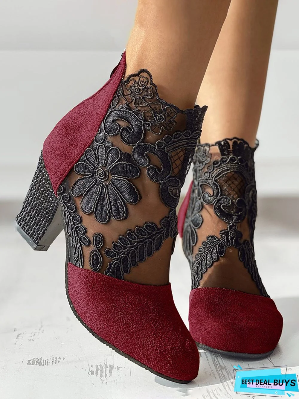 Lace Split Joint Chunky Heel Sandals Boots with Back Zip