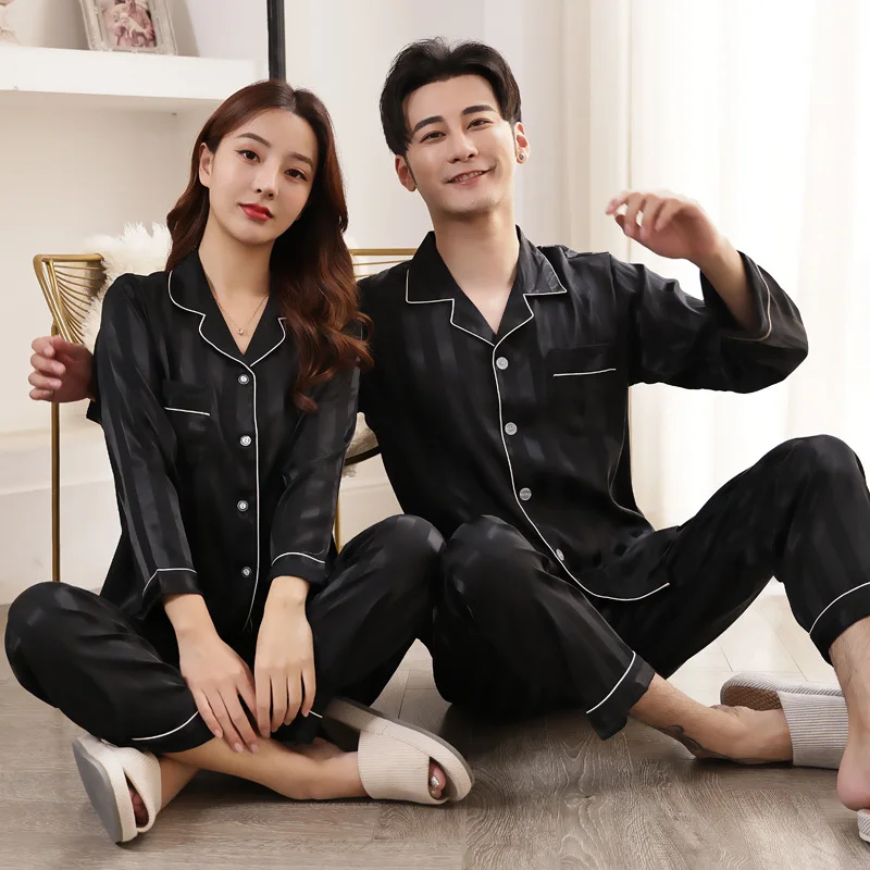 Stolskolb Short-sleeved Shorts Ice Silk Pajamas Men and Silk Satin Pajamas Set Long Sleeved Sleep Women Sleepwear Pijamas Couple Pajamas