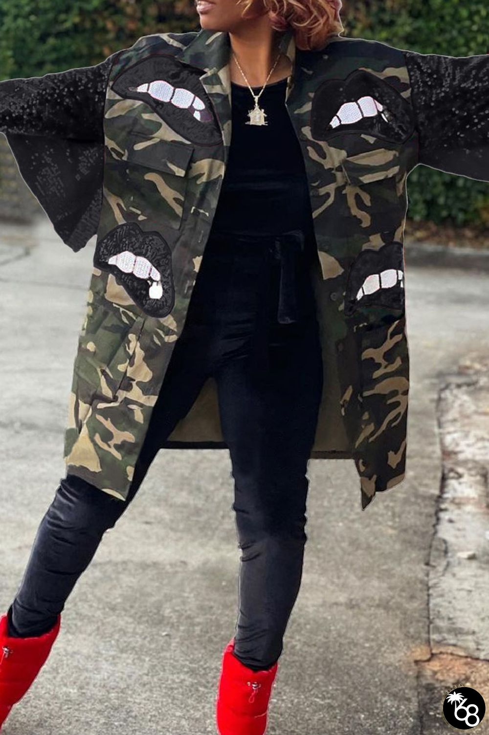 Casual Camouflage Print Sequins Patchwork Turndown Collar Outerwear | 168DEAL