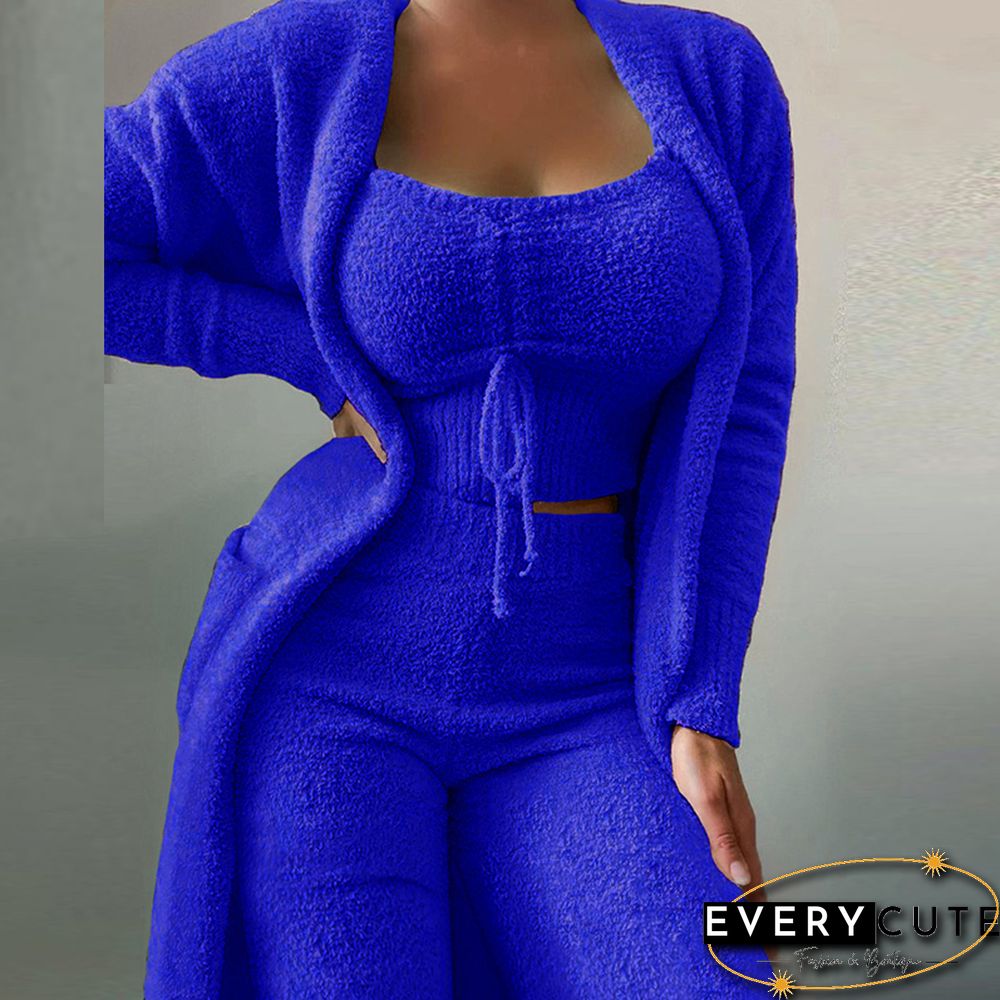Autumn Winter New Women Fashion Casual Plush Lace-Up Vest+Long Cardigan+Trousers Suits Soft Fuzzy Solid Three Piece Set Outfits