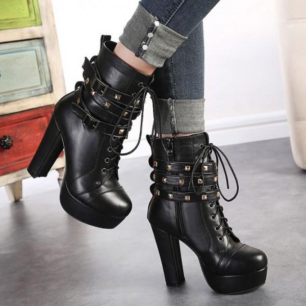  Black Platform Vegan Boots Chuny Heel Lace up Rock Studs Ankle Boots