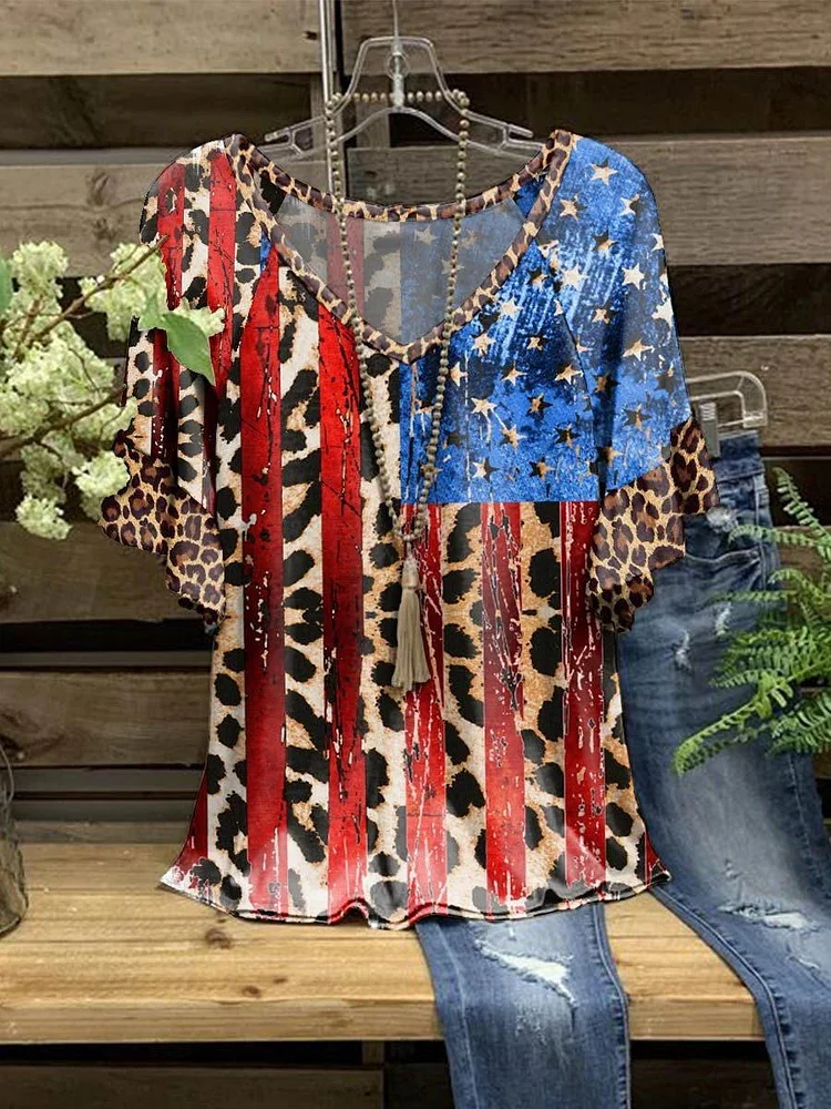 Women's New Star Stripe Leopard Print Short Sleeve T-Shirt