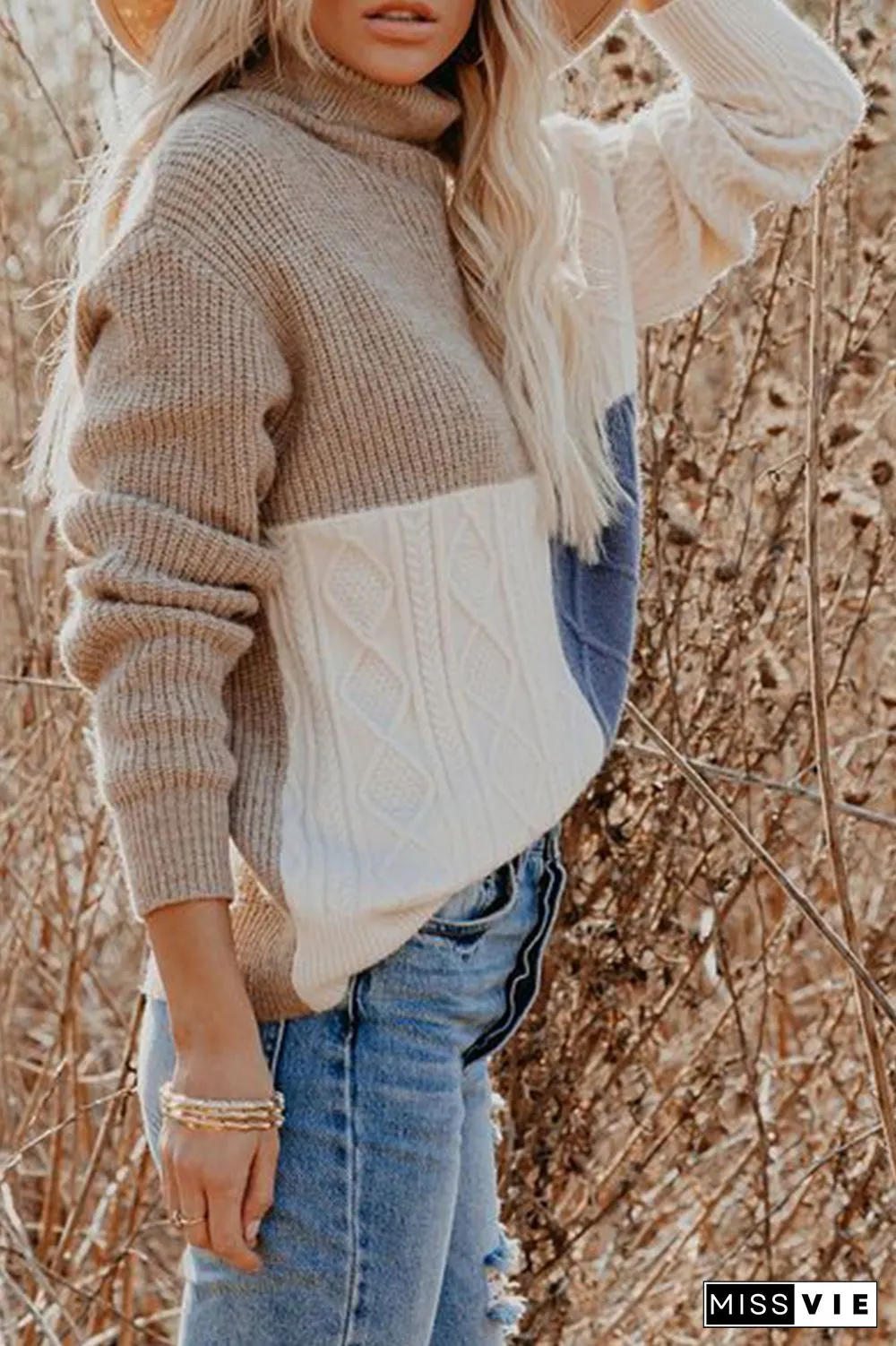 Casual Patchwork  Contrast Turtleneck Tops