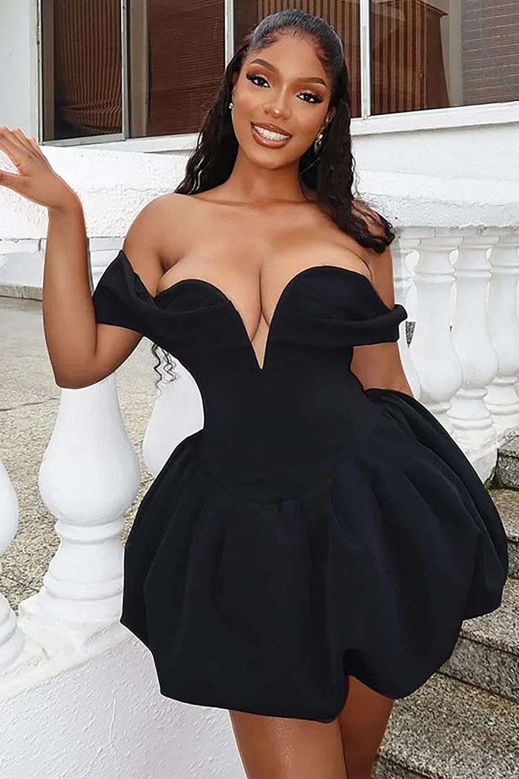 Deep V Neck Drop Shoulder Cinch Waist Mini Bubble Dresses-Black