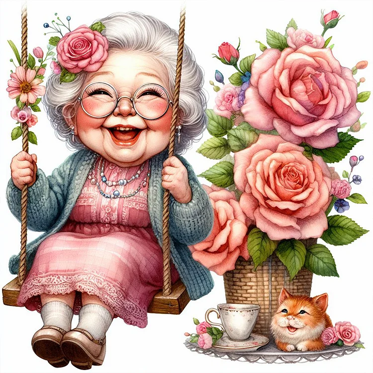 Happy Old Lady On Swing 30*30CM (Canvas) Full Round Drill Diamond Painting gbfke