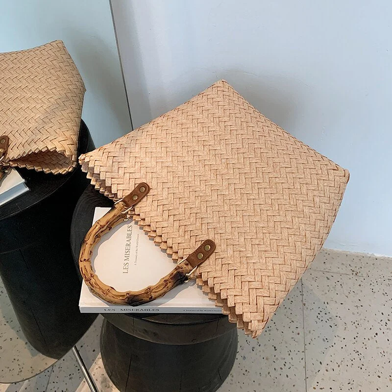 էѧӧܧ Bamboo portable High Capacity Weave Straw Rattan Crossbody Shoulder Bags For Women 2021 Summer Beach Handbags Purses