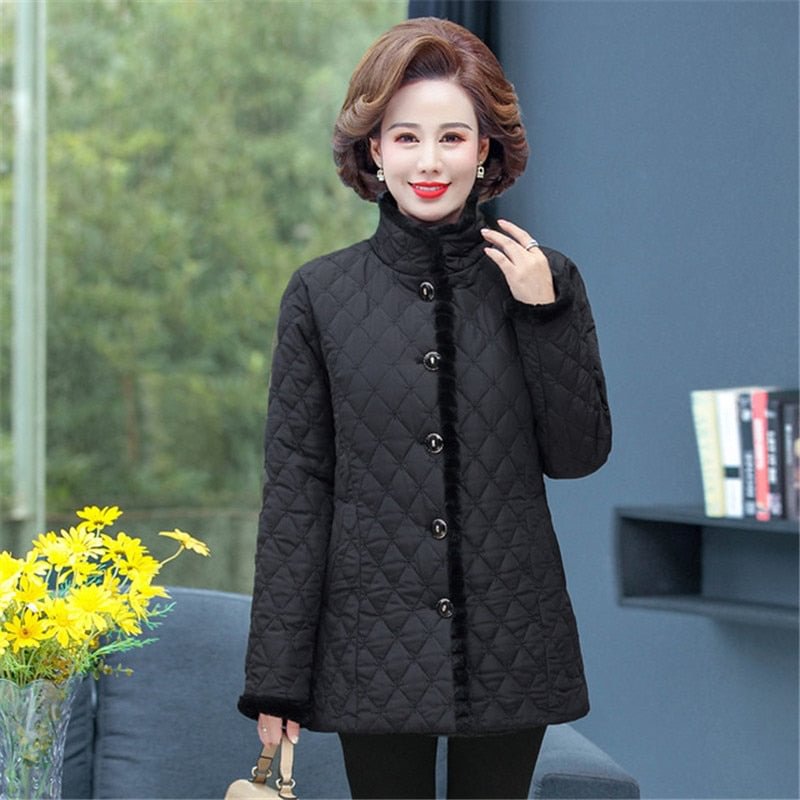 Winter Jacket Plus Velvet Padded Coat Middle-aged Women Stand-up Collar Plus Size Wadded Jackets Thick Warm Short Outwear KW400