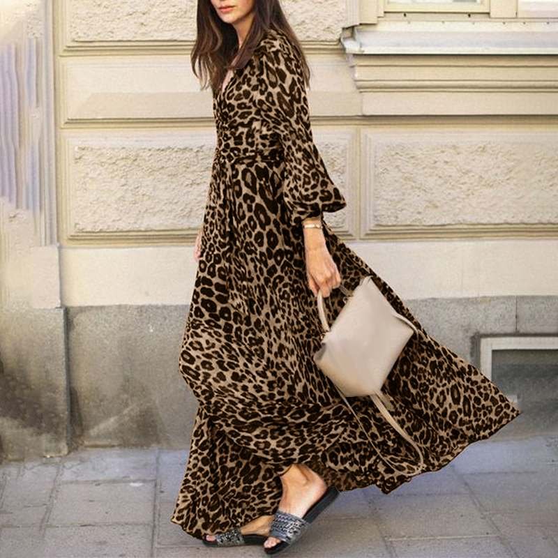 ZANZEA Women Spring Puff Sleeve Maxi Long Sundress Fashion Sexy Leopard Printed Party Dress V Neck High Waist Holiday Vestidos 7