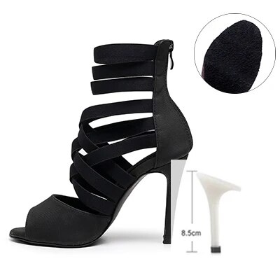 VCshoes Woman Latin Ballroom Black Modern Dance Shoes Suede Rubber Sole Jazz Salsa Cuban Slim Heels Ladies Open Toes Stiletto