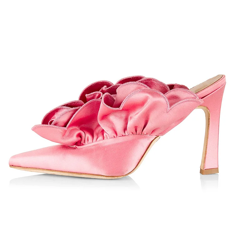 Elegant Pink Satin Pointed Toe Ruffle Flowers Heeled Mules |FSJ Shoes