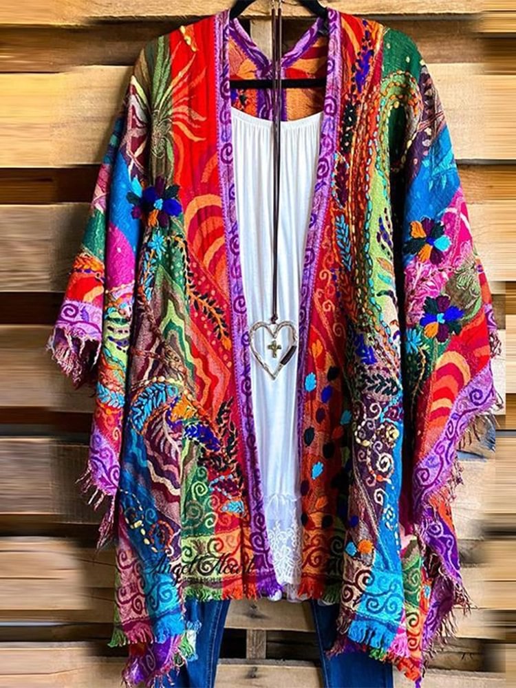 Red Oversized Casual Printed Kimono P175441174