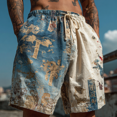 Comstylish Men's Japanese-style Printed Patchwork Linen Drawstring Shorts