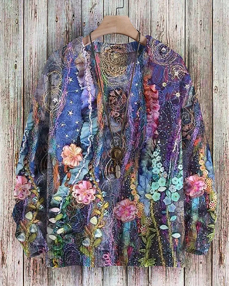 Women's Oil Painting Floral Print Round Neck Sweatshirt