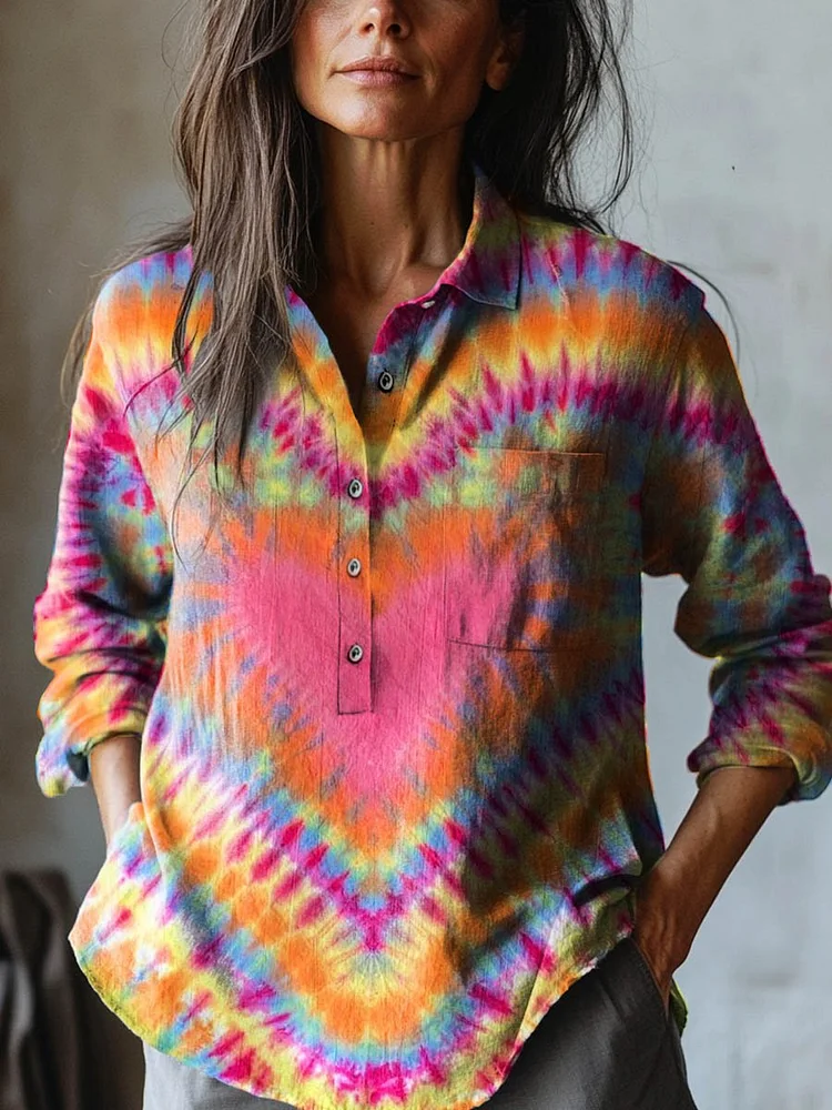 Women's Tie Dye Love Art Print Casual Cotton And Linen Shirt