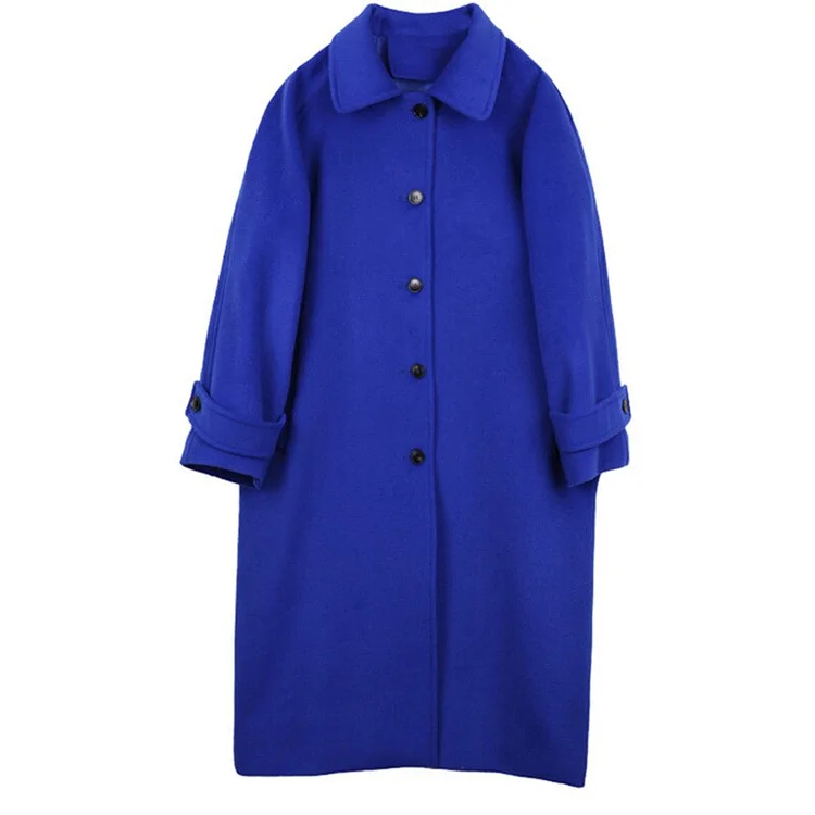 Fashion Loose Blue Lapel Long Sleeve Single-breasted Woolen Coat 