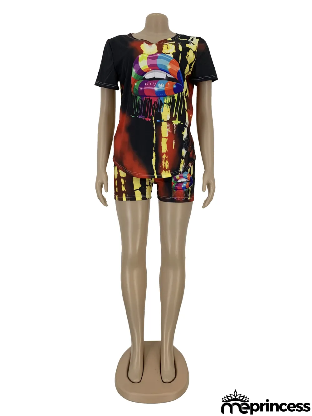 Plus Size Tie Dye Lips Print Two Piece Shorts Set